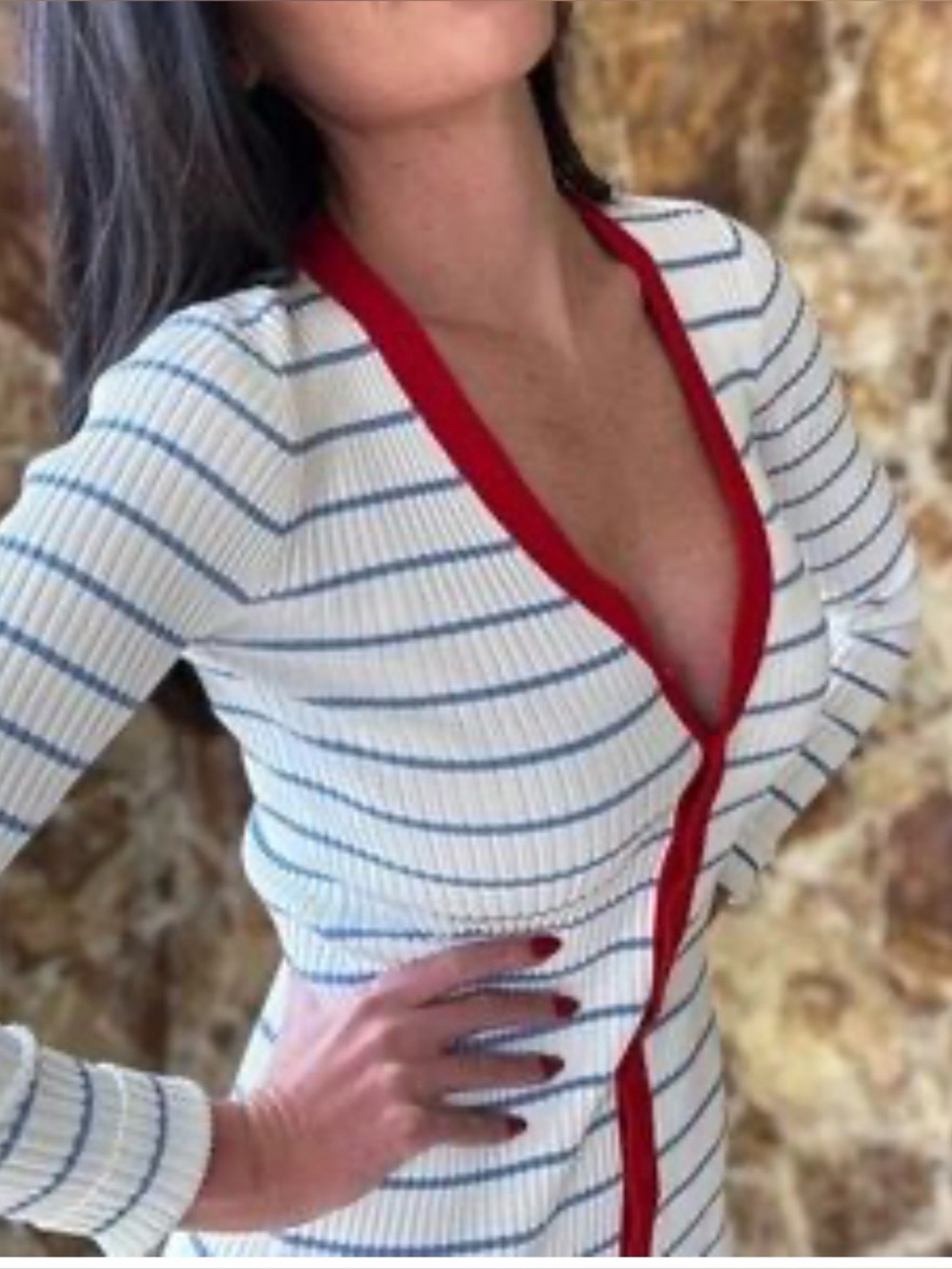 STAUD Cream Ribbed Cardigan with Blue Stripes and Red Trim